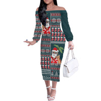 Hawaii Mele Kalikimaka Family Matching Off Shoulder Long Sleeve Dress and Hawaiian Shirt Aloha and Christmas Elements Patchwork Turquoise Style LT03 Mom's Dress Turquoise - Polynesian Pride