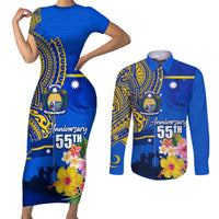 Personalised Nauru Independence Day Couples Matching Short Sleeve Bodycon Dress and Long Sleeve Button Shirt Nauruan Tribal Flag Style LT03 Blue - Polynesian Pride