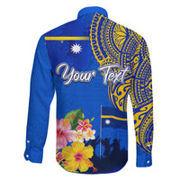 Personalised Nauru Independence Day Family Matching Long Sleeve Bodycon Dress and Hawaiian Shirt Nauruan Tribal Flag Style LT03 - Polynesian Pride