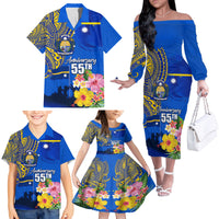Personalised Nauru Independence Day Family Matching Off Shoulder Long Sleeve Dress and Hawaiian Shirt Nauruan Tribal Flag Style LT03 - Polynesian Pride