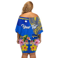 Personalised Nauru Independence Day Off Shoulder Short Dress Nauruan Tribal Flag Style LT03 - Polynesian Pride