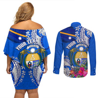 Personalised Nauru Coat of Arms Couples Matching Off Shoulder Short Dress and Long Sleeve Button Shirt Tropical Flower Polynesian Pattern LT03 - Polynesian Pride