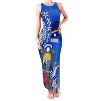 Personalised Nauru Coat of Arms Family Matching Tank Maxi Dress and Hawaiian Shirt Tropical Flower Polynesian Pattern LT03 Mom's Dress Blue - Polynesian Pride