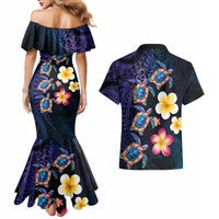 Hawaiian Turtles and Plumeria Couples Matching Mermaid Dress and Hawaiian Shirt Polynesian Art Tribal Tattoo Dark Aqua Color