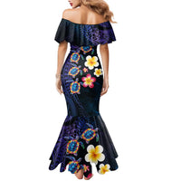 Hawaiian Turtles and Plumeria Family Matching Mermaid Dress and Hawaiian Shirt Polynesian Art Tribal Tattoo Dark Aqua Color