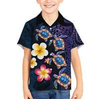 Hawaiian Turtles and Plumeria Kid Hawaiian Shirt Polynesian Art Tribal Tattoo Dark Aqua Color LT03 Kid Blue - Polynesian Pride