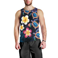 Hawaiian Turtles and Plumeria Men Tank Top Polynesian Art Tribal Tattoo Dark Aqua Color