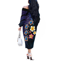 Hawaiian Turtles and Plumeria Off The Shoulder Long Sleeve Dress Polynesian Art Tribal Tattoo Dark Aqua Color LT03 - Polynesian Pride