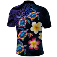 Hawaiian Turtles and Plumeria Polo Shirt Polynesian Art Tribal Tattoo Dark Aqua Color