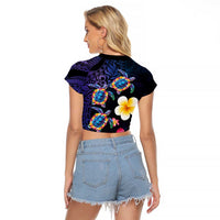 Hawaiian Turtles and Plumeria Raglan Cropped T Shirt Polynesian Art Tribal Tattoo Dark Aqua Color LT03 - Polynesian Pride