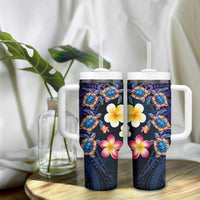Hawaiian Turtles and Plumeria Tumbler With Handle Polynesian Art Tribal Tattoo Dark Aqua Color