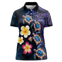 Hawaiian Turtles and Plumeria Women Polo Shirt Polynesian Art Tribal Tattoo Dark Aqua Color LT03 Female Blue - Polynesian Pride