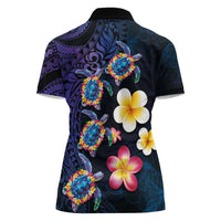 Hawaiian Turtles and Plumeria Women Polo Shirt Polynesian Art Tribal Tattoo Dark Aqua Color LT03 - Polynesian Pride