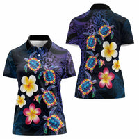 Hawaiian Turtles and Plumeria Women Polo Shirt Polynesian Art Tribal Tattoo Dark Aqua Color LT03 - Polynesian Pride
