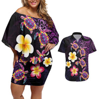 Hawaiian Turtles and Plumeria Couples Matching Off Shoulder Short Dress and Hawaiian Shirt Polynesian Art Tribal Tattoo Deep Violet Color