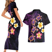 Hawaiian Turtles and Plumeria Couples Matching Short Sleeve Bodycon Dress and Hawaiian Shirt Polynesian Art Tribal Tattoo Deep Violet Color