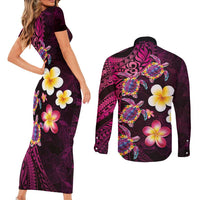 Hawaiian Turtles and Plumeria Couples Matching Short Sleeve Bodycon Dress and Long Sleeve Button Shirt Polynesian Art Tribal Tattoo Cerise