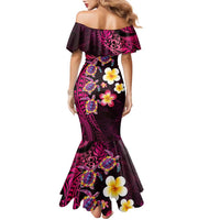 Hawaiian Turtles and Plumeria Family Matching Mermaid Dress and Hawaiian Shirt Polynesian Art Tribal Tattoo Cerise