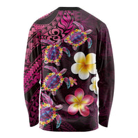 Hawaiian Turtles and Plumeria Long Sleeve Shirt Polynesian Art Tribal Tattoo Cerise