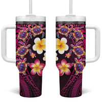 Hawaiian Turtles and Plumeria Tumbler With Handle Polynesian Art Tribal Tattoo Cerise