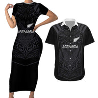Custom Aotearoa Rugby Couples Matching Short Sleeve Bodycon Dress and Hawaiian Shirt The Blacks-Sporty T90 Style LT03 Black - Polynesian Pride