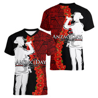 Tonga ANZAC Day Women V Neck T Shirt Red Poppies Flower Soldier Lest We Forget LT03 - Polynesian Pride