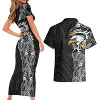 American Samoa Flag Day Couples Matching Short Sleeve Bodycon Dress and Hawaiian Shirt Tribal Tattoo with Eagle Black