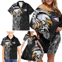 American Samoa Flag Day Family Matching Off Shoulder Short Dress and Hawaiian Shirt Tribal Tattoo with Eagle Black LT03 - Polynesian Pride
