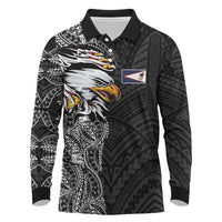 American Samoa Flag Day Long Sleeve Polo Shirt Tribal Tattoo with Eagle Black
