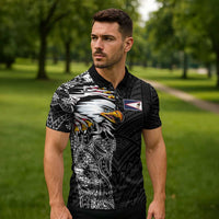 American Samoa Flag Day Zipper Polo Shirt Tribal Tattoo with Eagle Black