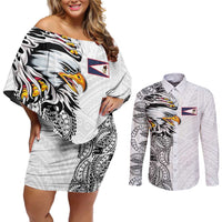 American Samoa Flag Day Couples Matching Off Shoulder Short Dress and Long Sleeve Button Shirt Tribal Tattoo with Eagle White