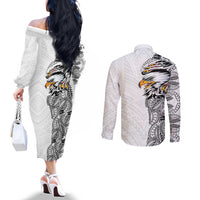 American Samoa Flag Day Couples Matching Off The Shoulder Long Sleeve Dress and Long Sleeve Button Shirt Tribal Tattoo with Eagle White