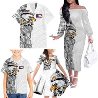 American Samoa Flag Day Family Matching Off The Shoulder Long Sleeve Dress and Hawaiian Shirt Tribal Tattoo with Eagle White LT03 - Polynesian Pride
