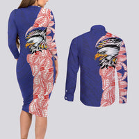 American Samoa Flag Day Couples Matching Long Sleeve Bodycon Dress and Long Sleeve Button Shirt Tribal Tattoo with Eagle Blue-Red
