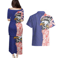 American Samoa Flag Day Couples Matching Puletasi and Hawaiian Shirt Tribal Tattoo with Eagle Blue-Red