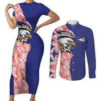 American Samoa Flag Day Couples Matching Short Sleeve Bodycon Dress and Long Sleeve Button Shirt Tribal Tattoo with Eagle Blue-Red
