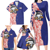 American Samoa Flag Day Family Matching Long Sleeve Bodycon Dress and Hawaiian Shirt Tribal Tattoo with Eagle Blue-Red LT03 - Polynesian Pride