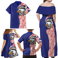 American Samoa Flag Day Family Matching Off Shoulder Maxi Dress and Hawaiian Shirt Tribal Tattoo with Eagle Blue-Red LT03 - Polynesian Pride