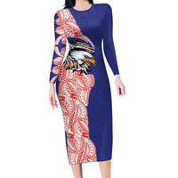 American Samoa Flag Day Long Sleeve Bodycon Dress Tribal Tattoo with Eagle Blue-Red