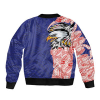 American Samoa Flag Day Sleeve Zip Bomber Jacket Tribal Tattoo with Eagle Blue-Red