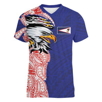 American Samoa Flag Day Women V-Neck T-Shirt Tribal Tattoo with Eagle Blue-Red