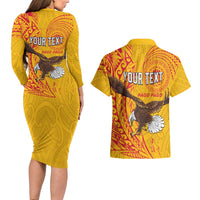 Personalised American Samoa Flag Day Couples Matching Long Sleeve Bodycon Dress and Hawaiian Shirt Fautasi Race Pago Pago-Aeto Eagle Wings Tribal Style LT03 - Polynesian Pride