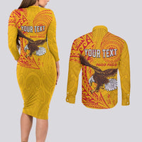 Personalised American Samoa Flag Day Couples Matching Long Sleeve Bodycon Dress and Long Sleeve Button Shirt Fautasi Race Pago Pago-Aeto Eagle Wings Tribal Style LT03 - Polynesian Pride