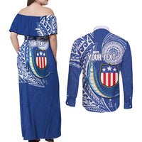 Personalised American Samoa Flag Day Couples Matching Off Shoulder Maxi Dress and Long Sleeve Button Shirt Fautasi Race Fagatogo-Iseula O Le Moana Sailfish Tribal Style LT03 - Polynesian Pride