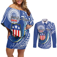 Personalised American Samoa Flag Day Couples Matching Off Shoulder Short Dress and Long Sleeve Button Shirt Fautasi Race Fagatogo-Iseula O Le Moana Sailfish Tribal Style LT03 Multicolor - Polynesian Pride