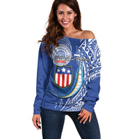 Personalised American Samoa Flag Day Off Shoulder Sweater Fautasi Race Fagatogo-Iseula O Le Moana Sailfish Tribal Style