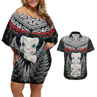New Zealand Hei Tiki Couples Matching Off Shoulder Short Dress and Hawaiian Shirt Maori Green Papua Shell Pattern LT03 Green - Polynesian Pride