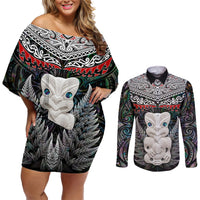 New Zealand Hei Tiki Couples Matching Off Shoulder Short Dress and Long Sleeve Button Shirt Maori Green Papua Shell Pattern LT03 Green - Polynesian Pride