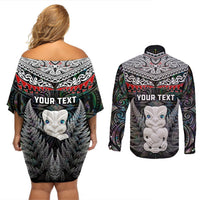 New Zealand Hei Tiki Couples Matching Off Shoulder Short Dress and Long Sleeve Button Shirt Maori Green Papua Shell Pattern LT03 - Polynesian Pride