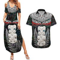 New Zealand Hei Tiki Couples Matching Summer Maxi Dress and Hawaiian Shirt Maori Green Papua Shell Pattern LT03 Green - Polynesian Pride